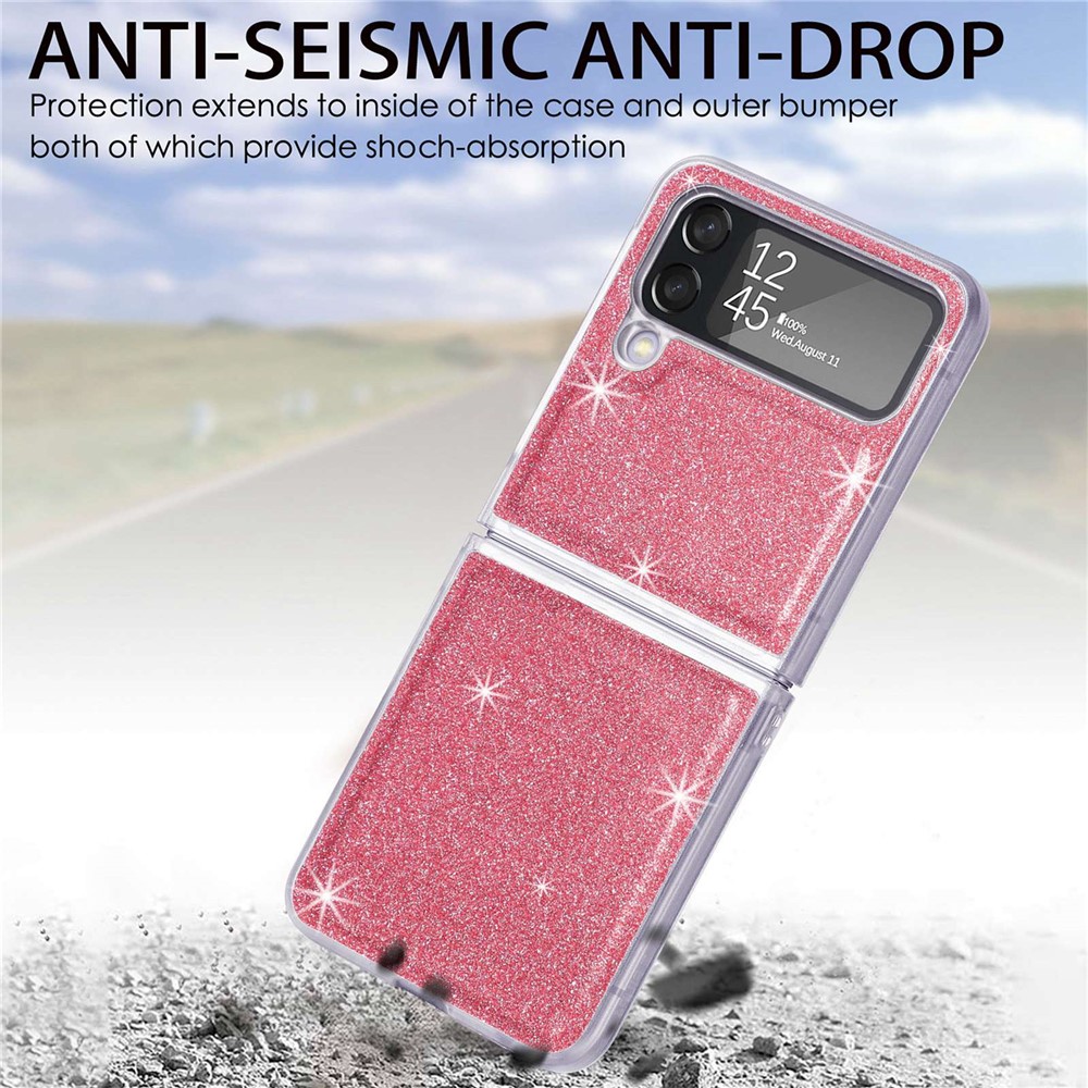 For Samsung Galaxy Z Flip4 5G Anti-drop Glitter Sequins Phone Cover PU Leather Coated PC Hard Cell Phone Case - Pink-7