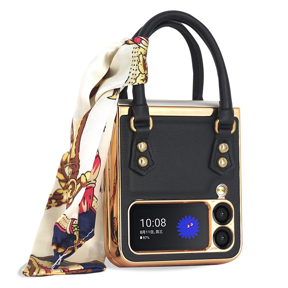 GKK for Samsung Galaxy Z Flip3 5G Hand Grip Design Leather Coated PC Anti-fingerprint Phone Case with Silk Scarf - Black-1