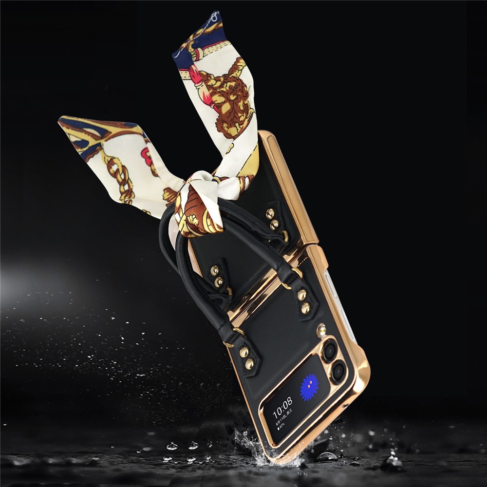 GKK for Samsung Galaxy Z Flip3 5G Hand Grip Design Leather Coated PC Anti-fingerprint Phone Case with Silk Scarf - Black-9