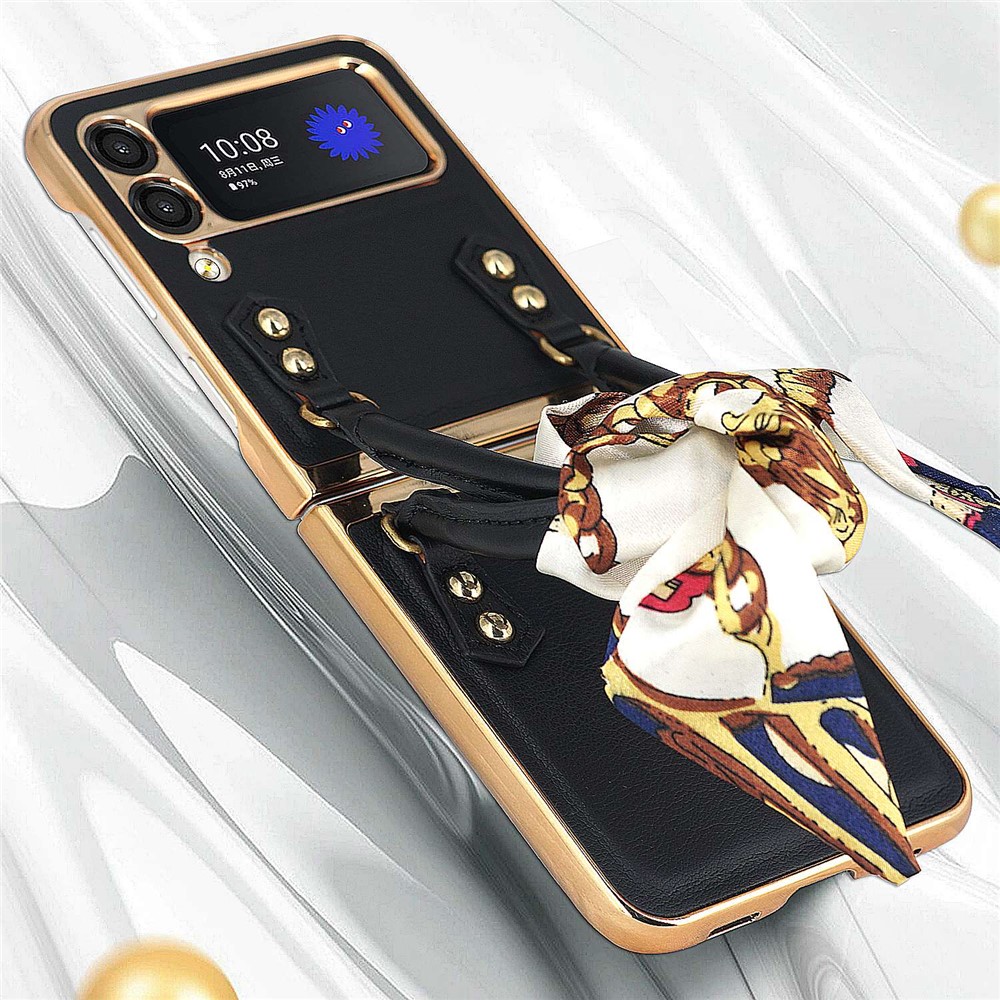 GKK for Samsung Galaxy Z Flip3 5G Hand Grip Design Leather Coated PC Anti-fingerprint Phone Case with Silk Scarf - Black-10