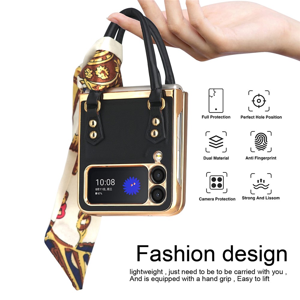 GKK for Samsung Galaxy Z Flip3 5G Hand Grip Design Leather Coated PC Anti-fingerprint Phone Case with Silk Scarf - Black-3