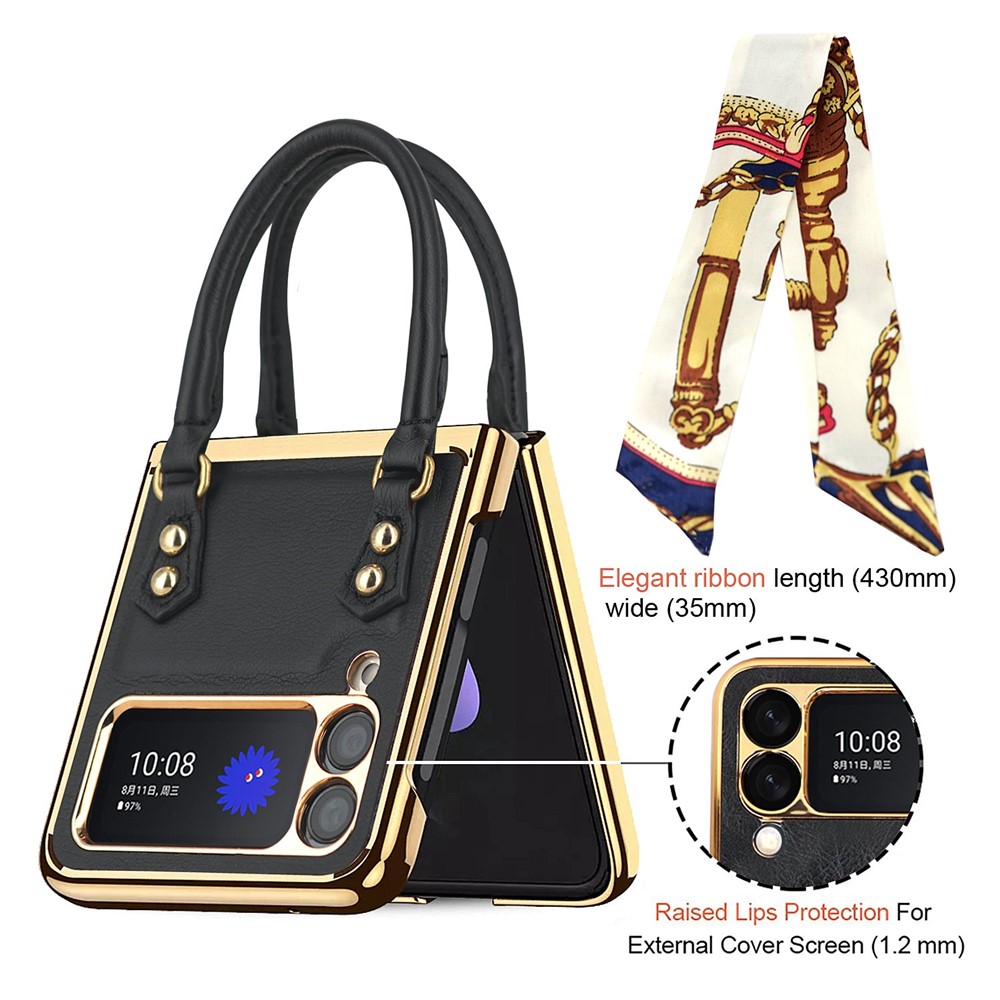 GKK for Samsung Galaxy Z Flip3 5G Hand Grip Design Leather Coated PC Anti-fingerprint Phone Case with Silk Scarf - Black-4