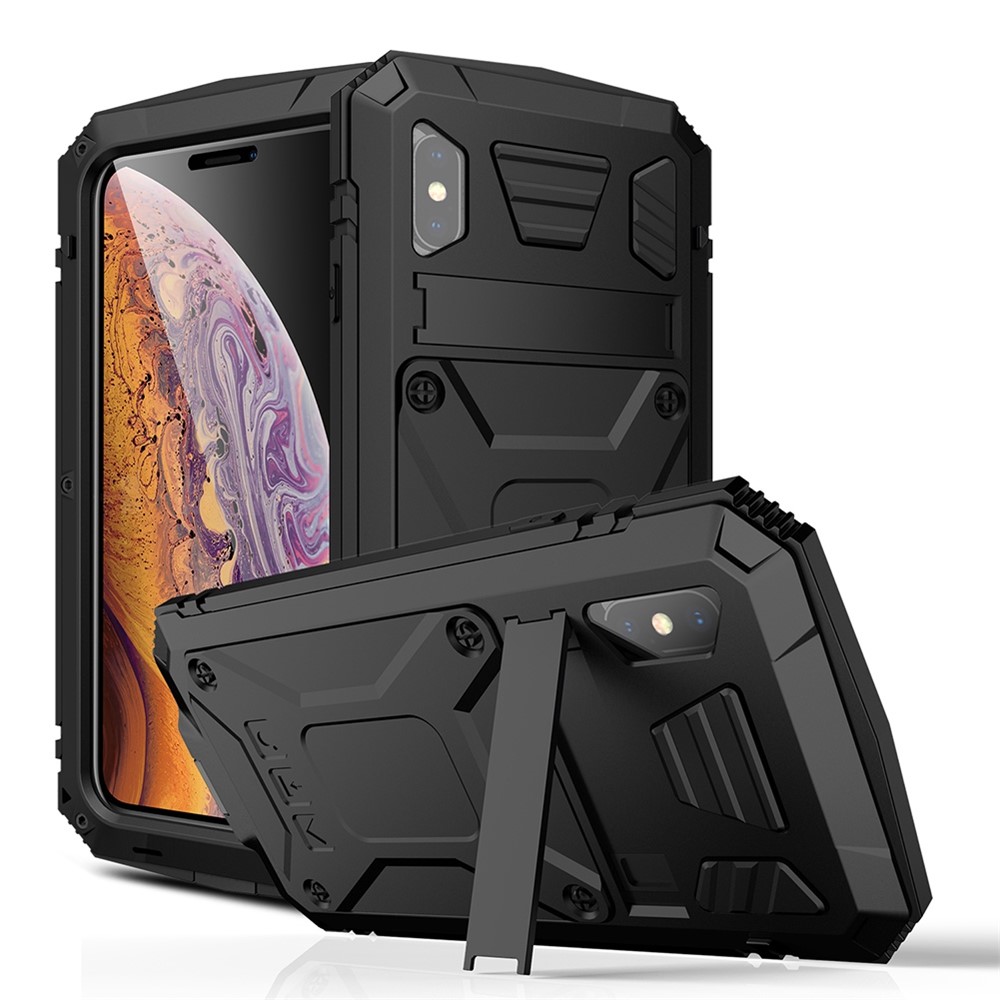 R-JUST For iPhone XS Max 6.5 inch Drop-proof Dust-proof Waterproof Hybrid Phone Case with Kickstand and Tempered Glass Screen Protector - Black