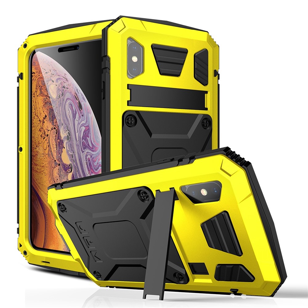 R-JUST For iPhone XS Max 6.5 inch Drop-proof Dust-proof Waterproof Hybrid Phone Case with Kickstand and Tempered Glass Screen Protector - Yellow