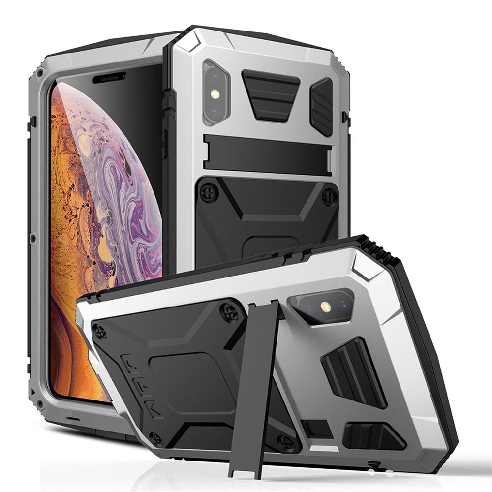 R-JUST For iPhone XS Max 6.5 inch Drop-proof Dust-proof Waterproof Hybrid Phone Case with Kickstand and Tempered Glass Screen Protector - Silver
