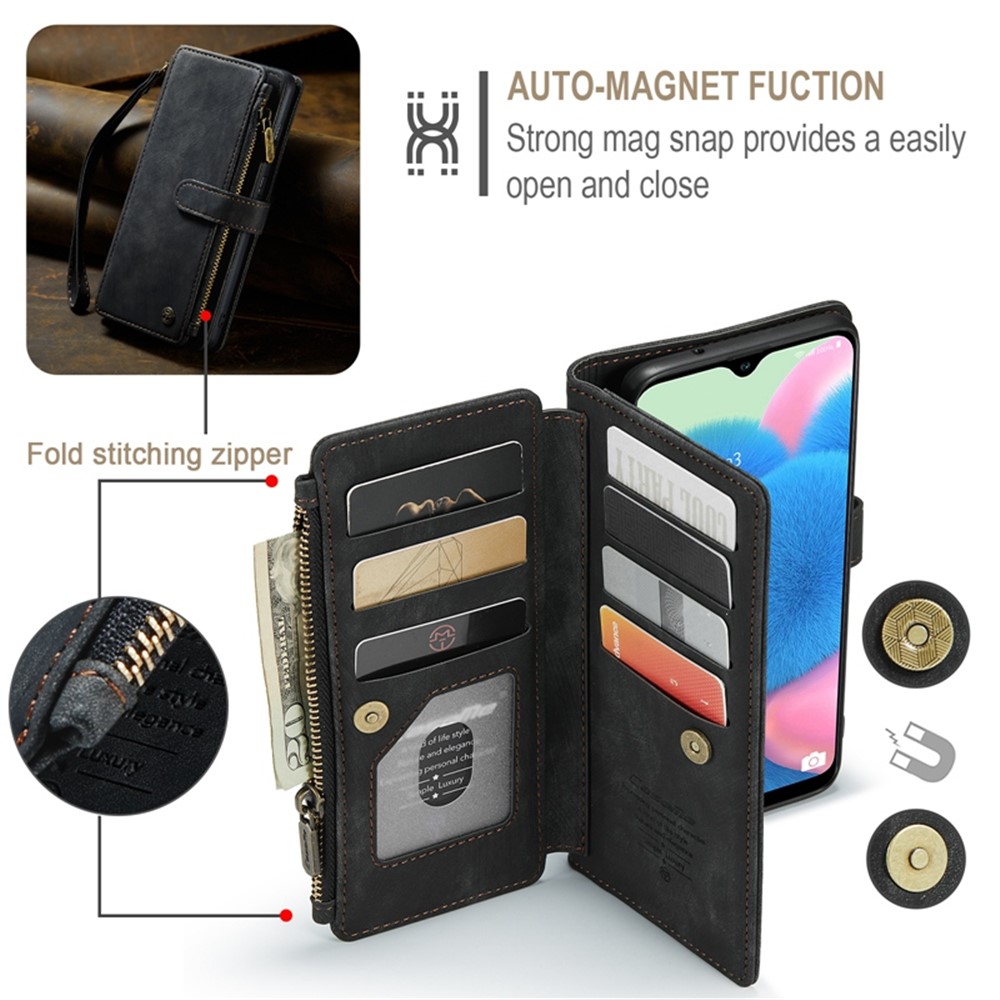 CASEME C30 Series for Samsung Galaxy A30s / A50s / A50 Full Protection Zipper Pocket Phone Wallet Case Stand Shockproof PU Leather Mobile Phone Cover Card Holder - Black-12