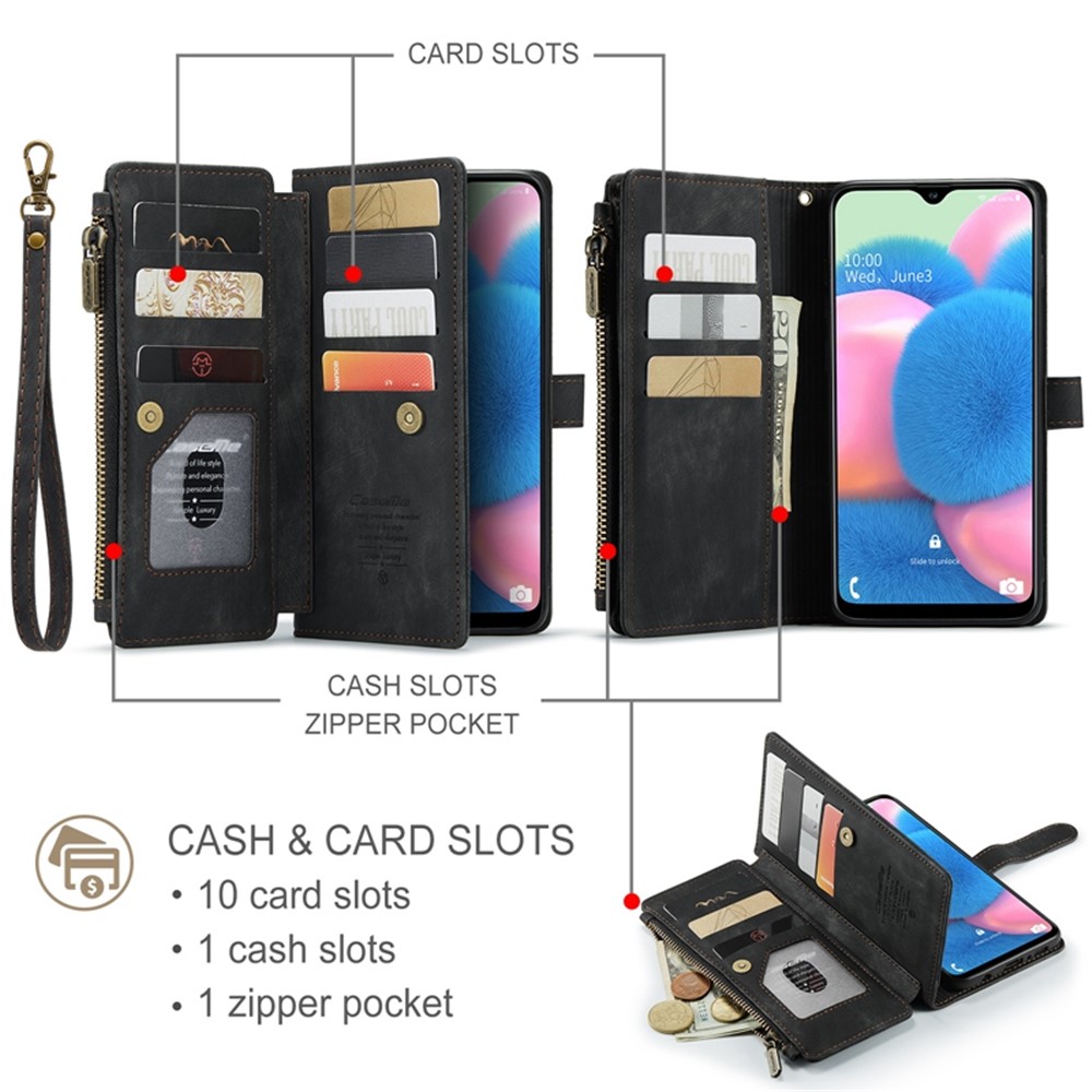 CASEME C30 Series for Samsung Galaxy A30s / A50s / A50 Full Protection Zipper Pocket Phone Wallet Case Stand Shockproof PU Leather Mobile Phone Cover Card Holder - Black-9