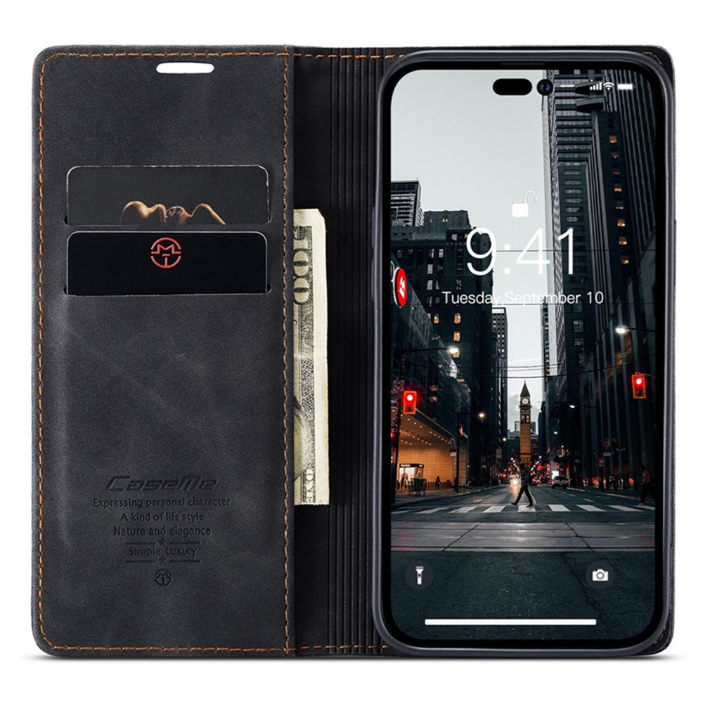 CASEME 013 Series Flip Wallet Case for iPhone 14 Pro Max 6.7 inch, Magnetic Auto-absorbed Stand Drop-proof PU Leather Phone Cover - Black-2