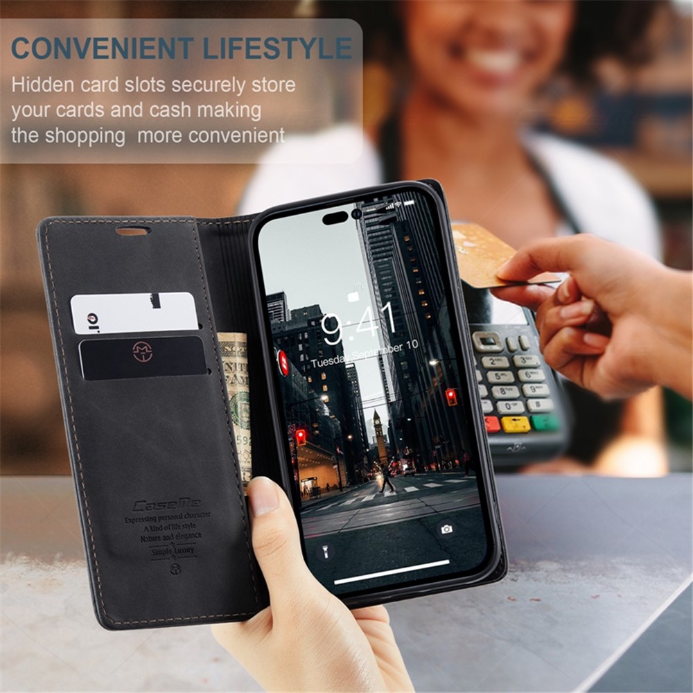 CASEME 013 Series Flip Wallet Case for iPhone 14 Pro Max 6.7 inch, Magnetic Auto-absorbed Stand Drop-proof PU Leather Phone Cover - Black-7