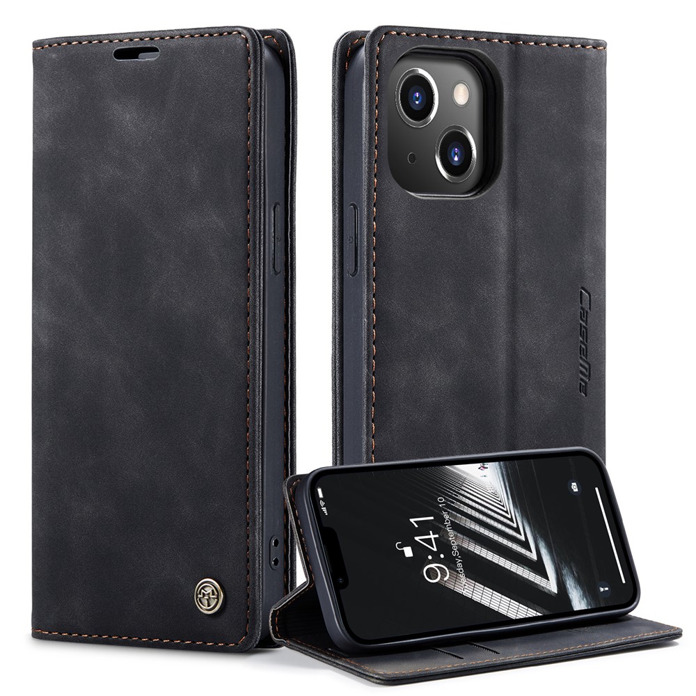 CASEME 013 Series for iPhone 14 Max 6.7 inch Shockproof Flip Case Anti-wear PU Leather Wallet Cover Stand Magnetic Auto-absorbed Shell - Black-1