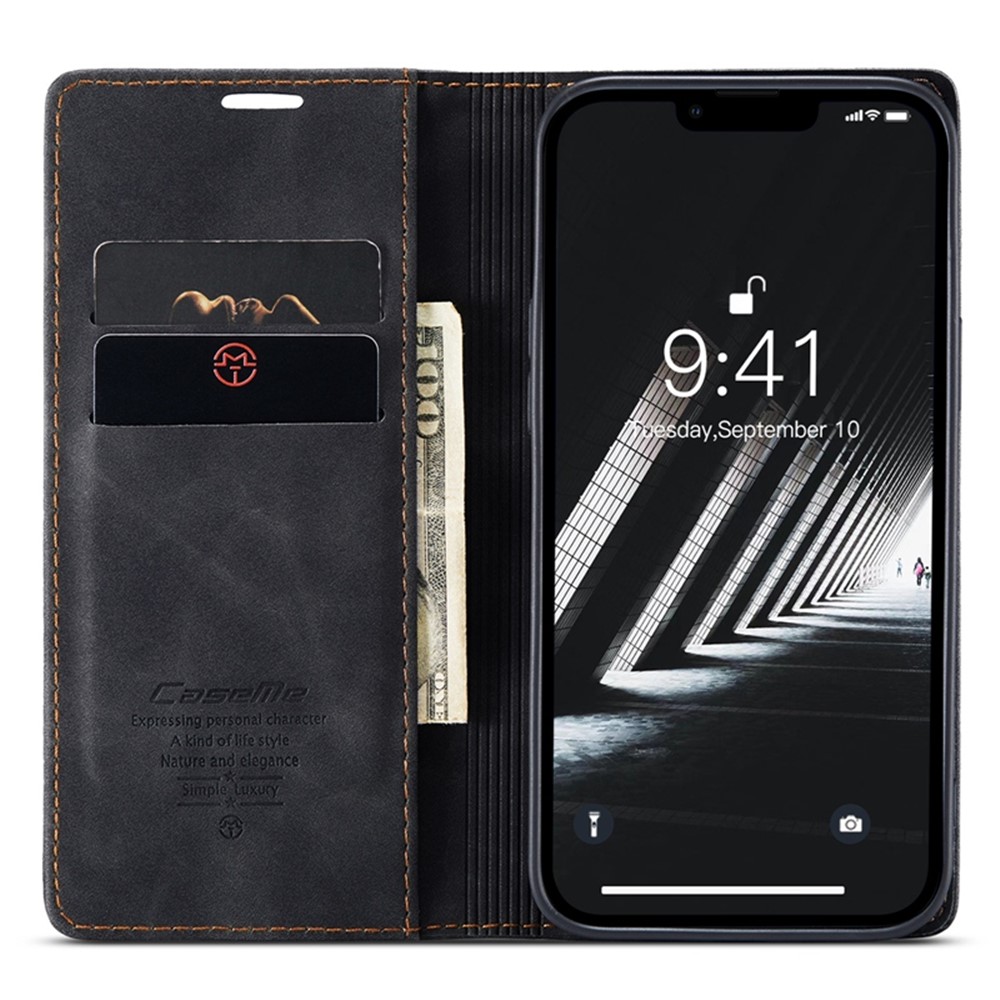 CASEME 013 Series for iPhone 14 Max 6.7 inch Shockproof Flip Case Anti-wear PU Leather Wallet Cover Stand Magnetic Auto-absorbed Shell - Black-2