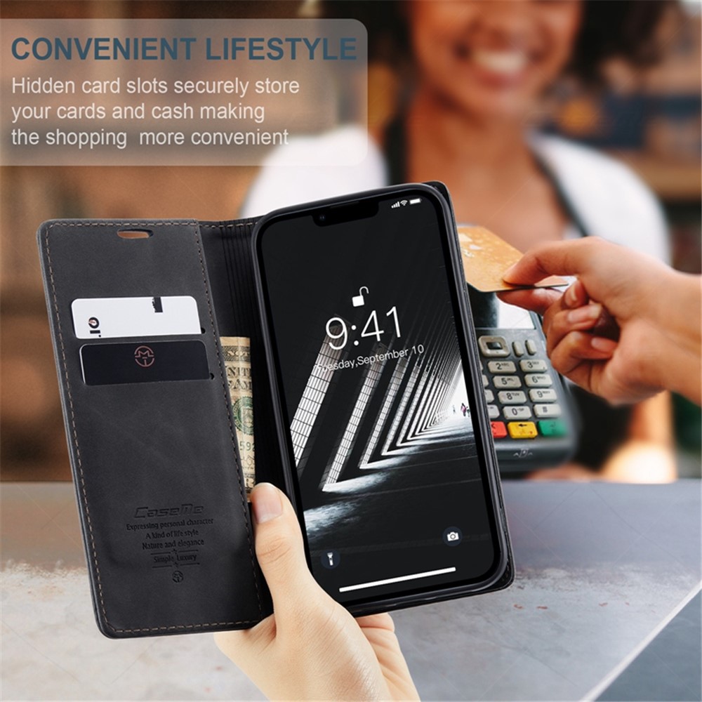 CASEME 013 Series for iPhone 14 Max 6.7 inch Shockproof Flip Case Anti-wear PU Leather Wallet Cover Stand Magnetic Auto-absorbed Shell - Black-7