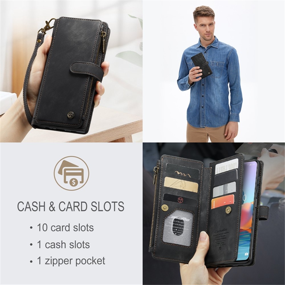CASEME C30 Series for Xiaomi Redmi Note 10 Pro Max 4G / Note 10 Pro 4G (Global) / (India) Drop-proof Zipper Pocket Phone Wallet Case PU Leather Phone Cover Card Holder - Black-10