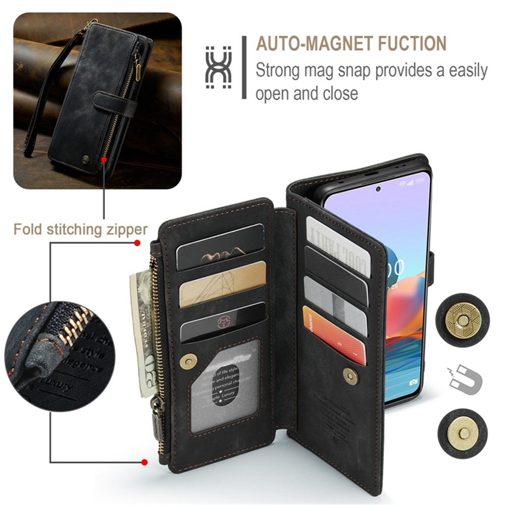 CASEME C30 Series for Xiaomi Redmi Note 10 Pro Max 4G / Note 10 Pro 4G (Global) / (India) Drop-proof Zipper Pocket Phone Wallet Case PU Leather Phone Cover Card Holder - Black-11