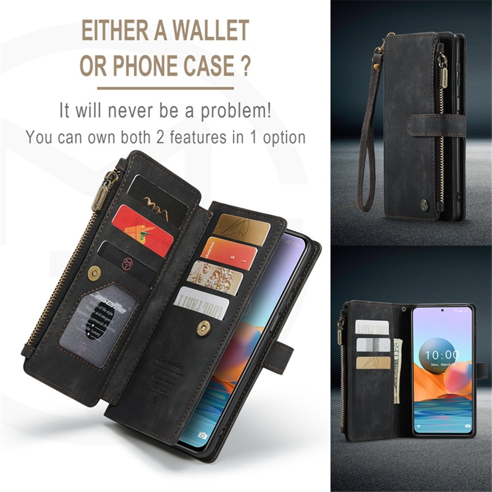 CASEME C30 Series for Xiaomi Redmi Note 10 Pro Max 4G / Note 10 Pro 4G (Global) / (India) Drop-proof Zipper Pocket Phone Wallet Case PU Leather Phone Cover Card Holder - Black-6