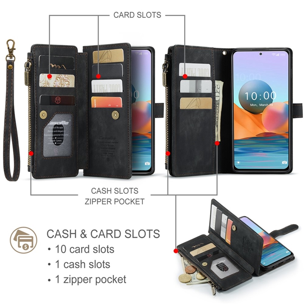 CASEME C30 Series for Xiaomi Redmi Note 10 Pro Max 4G / Note 10 Pro 4G (Global) / (India) Drop-proof Zipper Pocket Phone Wallet Case PU Leather Phone Cover Card Holder - Black-8