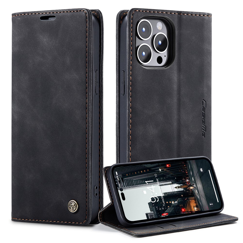 CASEME 013 Series for iPhone 14 Pro 6.1 inch Anti-fall PU Leather Wallet Case Magnetic Auto-absorbed Stand Anti-scratch Phone Cover - Black-1