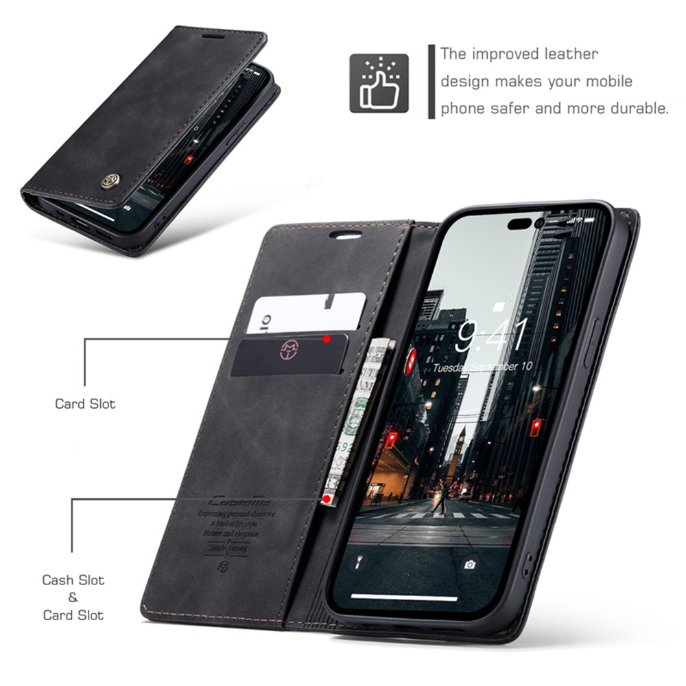 CASEME 013 Series for iPhone 14 Pro 6.1 inch Anti-fall PU Leather Wallet Case Magnetic Auto-absorbed Stand Anti-scratch Phone Cover - Black-10