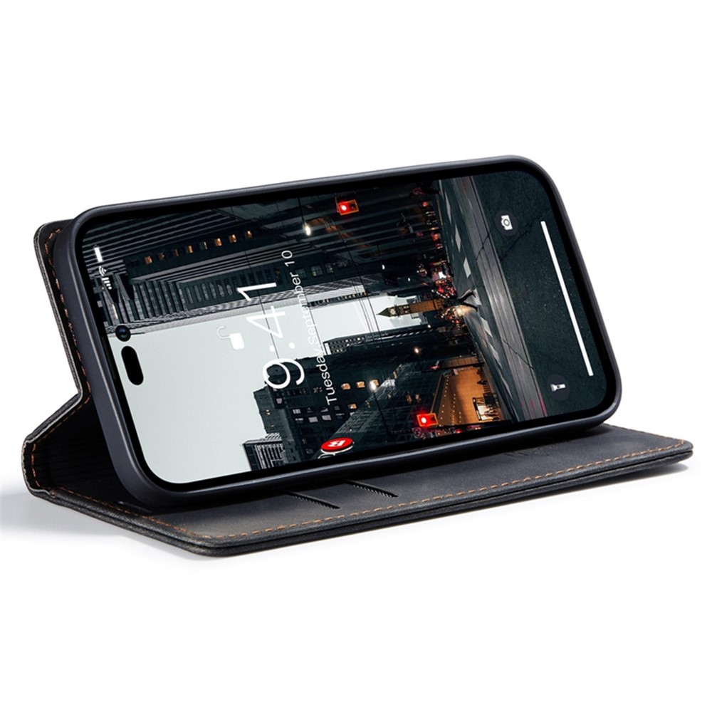 CASEME 013 Series for iPhone 14 Pro 6.1 inch Anti-fall PU Leather Wallet Case Magnetic Auto-absorbed Stand Anti-scratch Phone Cover - Black-3