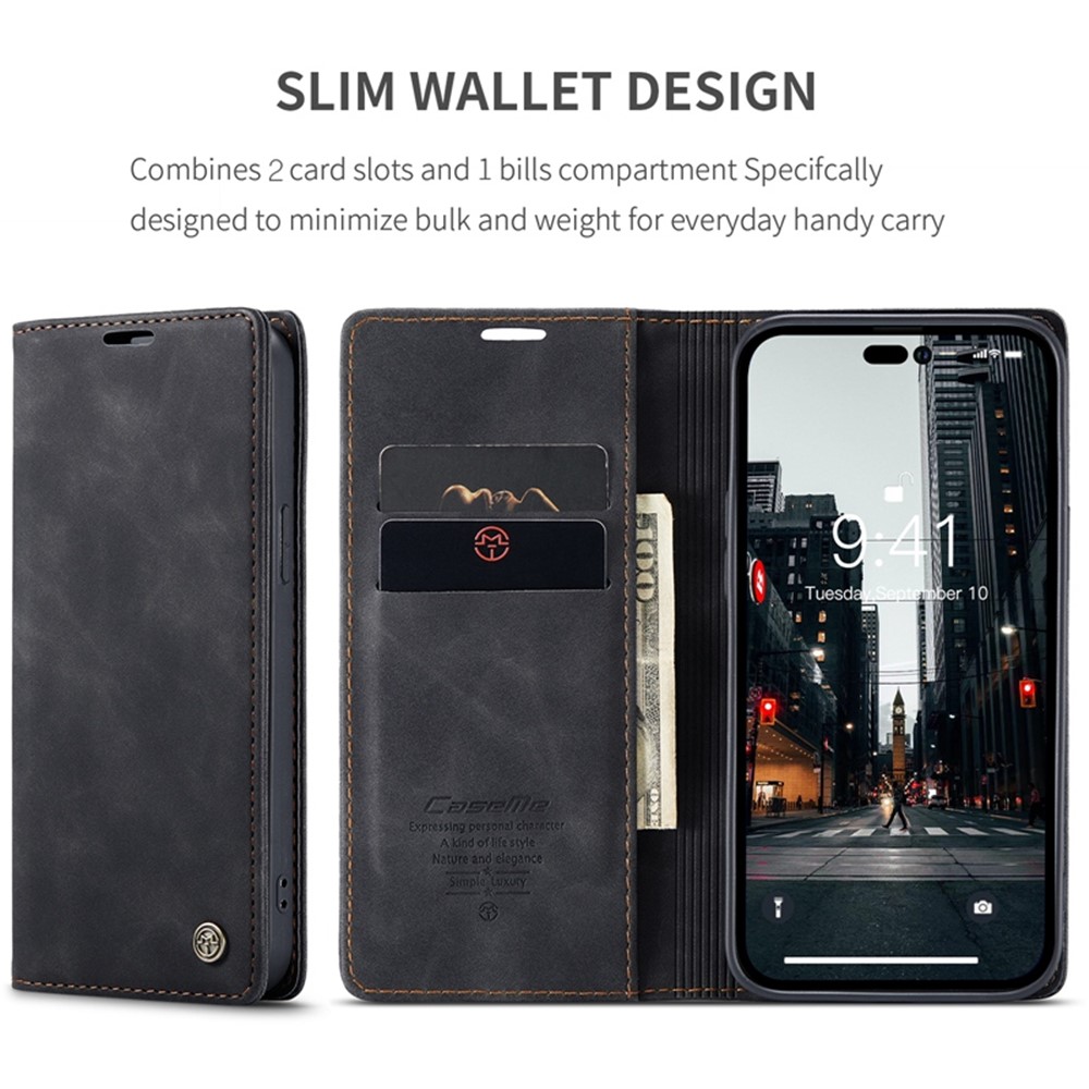 CASEME 013 Series for iPhone 14 Pro 6.1 inch Anti-fall PU Leather Wallet Case Magnetic Auto-absorbed Stand Anti-scratch Phone Cover - Black-8