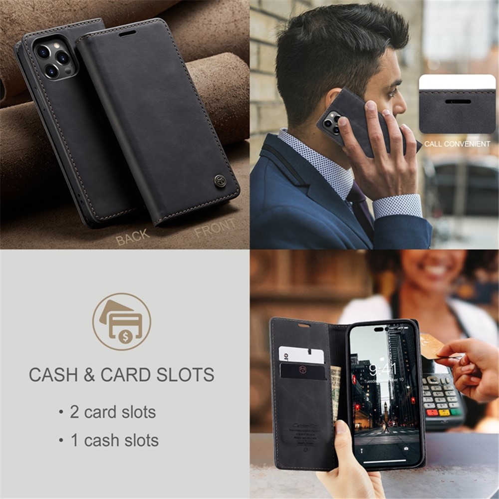 CASEME 013 Series for iPhone 14 Pro 6.1 inch Anti-fall PU Leather Wallet Case Magnetic Auto-absorbed Stand Anti-scratch Phone Cover - Black-9