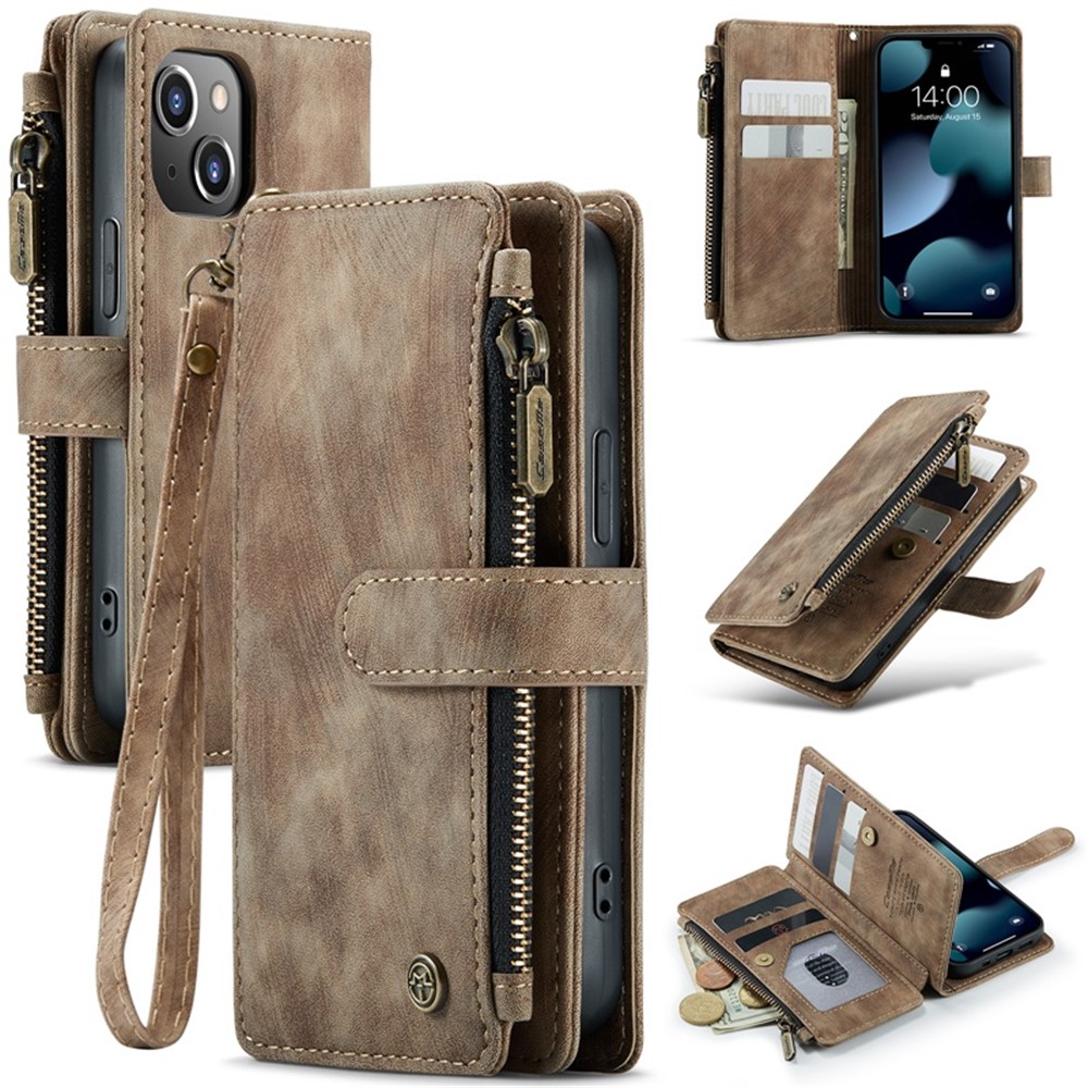 For iPhone 13 mini Phone Cases with Strap CASEME C30 Zipper Multiple Card Holder PU Leather Cover - Brown