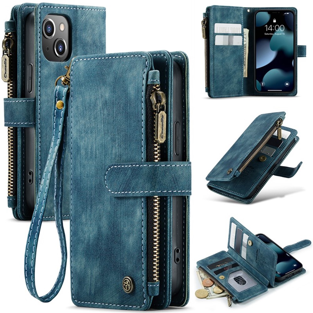 For iPhone 13 mini Phone Cases with Strap CASEME C30 Zipper Multiple Card Holder PU Leather Cover - Blue