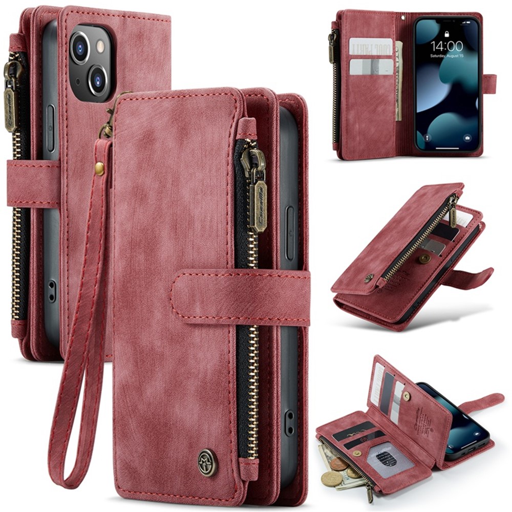 For iPhone 13 mini Phone Cases with Strap CASEME C30 Zipper Multiple Card Holder PU Leather Cover - Red
