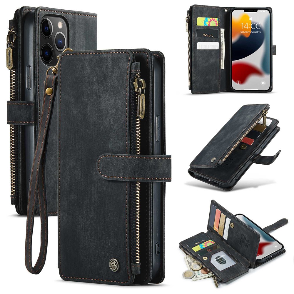CASEME C30 Series Anti-drop Phone Case for iPhone 12 Pro Max 6.7 inch, Multifunctional Zipper Pocket Wallet Phone Cover PU Leather Stand Card Holder with Strap - Black-1