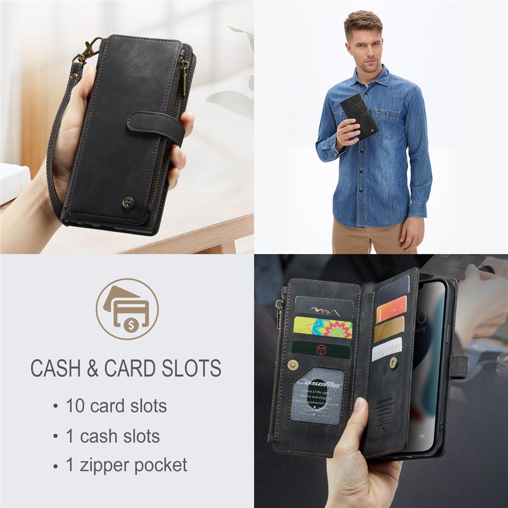 CASEME C30 Series Anti-drop Phone Case for iPhone 12 Pro Max 6.7 inch, Multifunctional Zipper Pocket Wallet Phone Cover PU Leather Stand Card Holder with Strap - Black-10