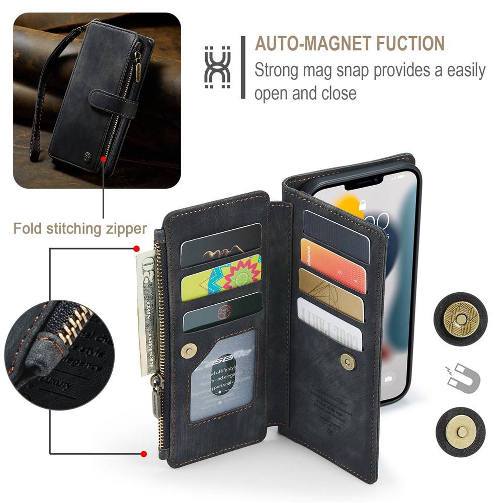 CASEME C30 Series Anti-drop Phone Case for iPhone 12 Pro Max 6.7 inch, Multifunctional Zipper Pocket Wallet Phone Cover PU Leather Stand Card Holder with Strap - Black-11