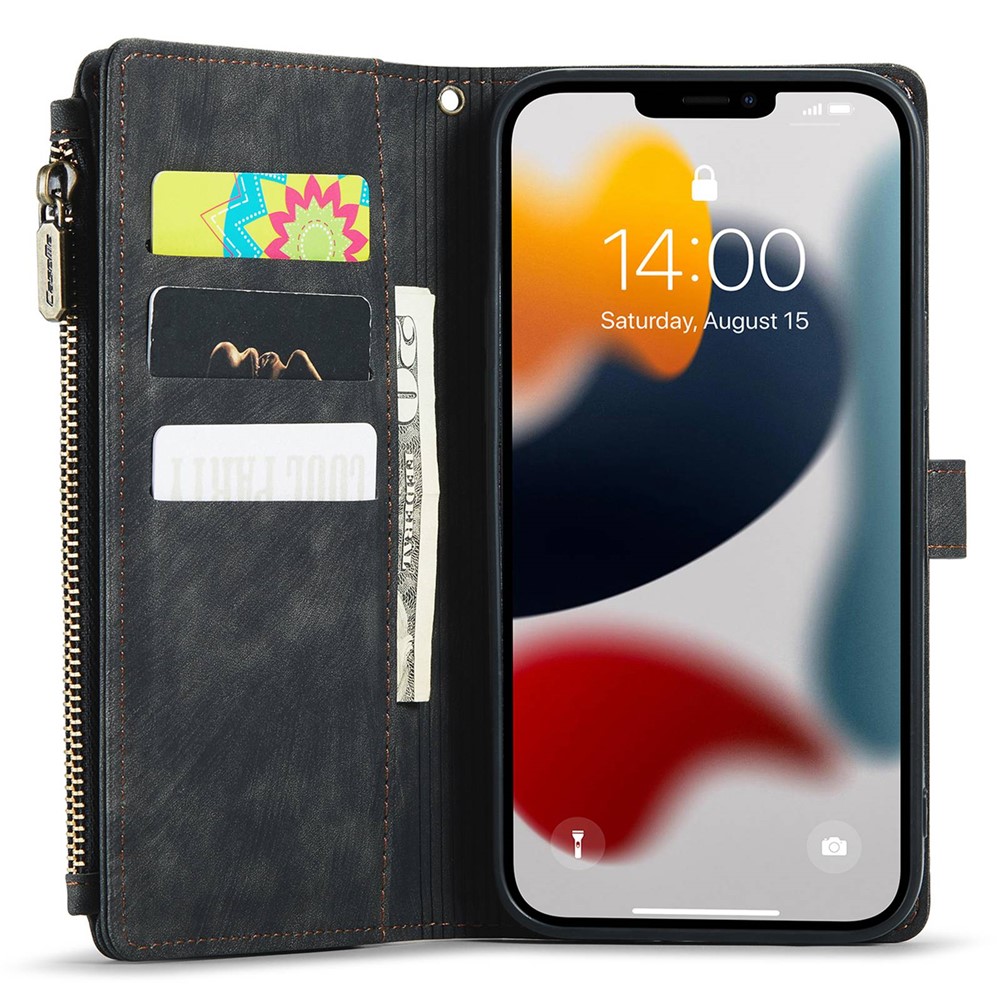 CASEME C30 Series Anti-drop Phone Case for iPhone 12 Pro Max 6.7 inch, Multifunctional Zipper Pocket Wallet Phone Cover PU Leather Stand Card Holder with Strap - Black-2