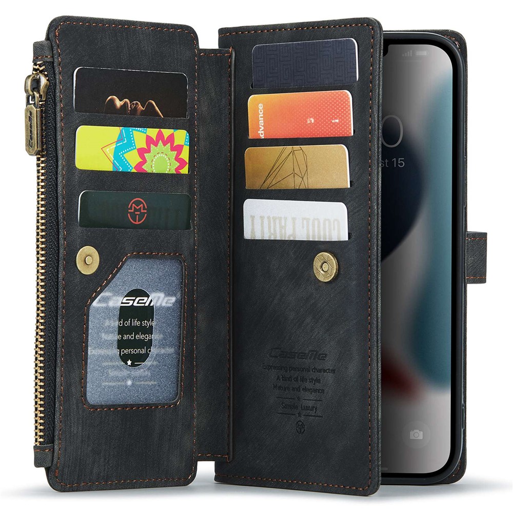 CASEME C30 Series Anti-drop Phone Case for iPhone 12 Pro Max 6.7 inch, Multifunctional Zipper Pocket Wallet Phone Cover PU Leather Stand Card Holder with Strap - Black-3
