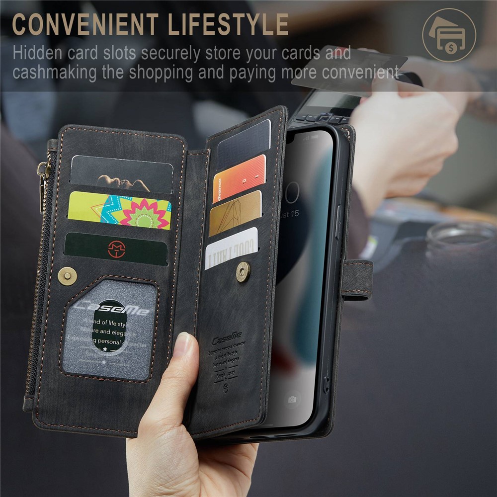 CASEME C30 Series Anti-drop Phone Case for iPhone 12 Pro Max 6.7 inch, Multifunctional Zipper Pocket Wallet Phone Cover PU Leather Stand Card Holder with Strap - Black-5