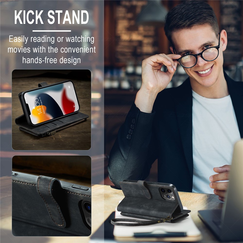 CASEME C30 Series Anti-drop Phone Case for iPhone 12 Pro Max 6.7 inch, Multifunctional Zipper Pocket Wallet Phone Cover PU Leather Stand Card Holder with Strap - Black-7