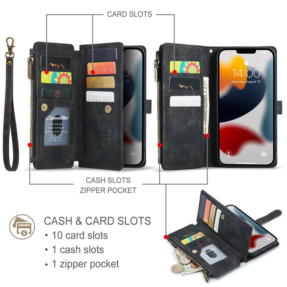 CASEME C30 Series Anti-drop Phone Case for iPhone 12 Pro Max 6.7 inch, Multifunctional Zipper Pocket Wallet Phone Cover PU Leather Stand Card Holder with Strap - Black-8
