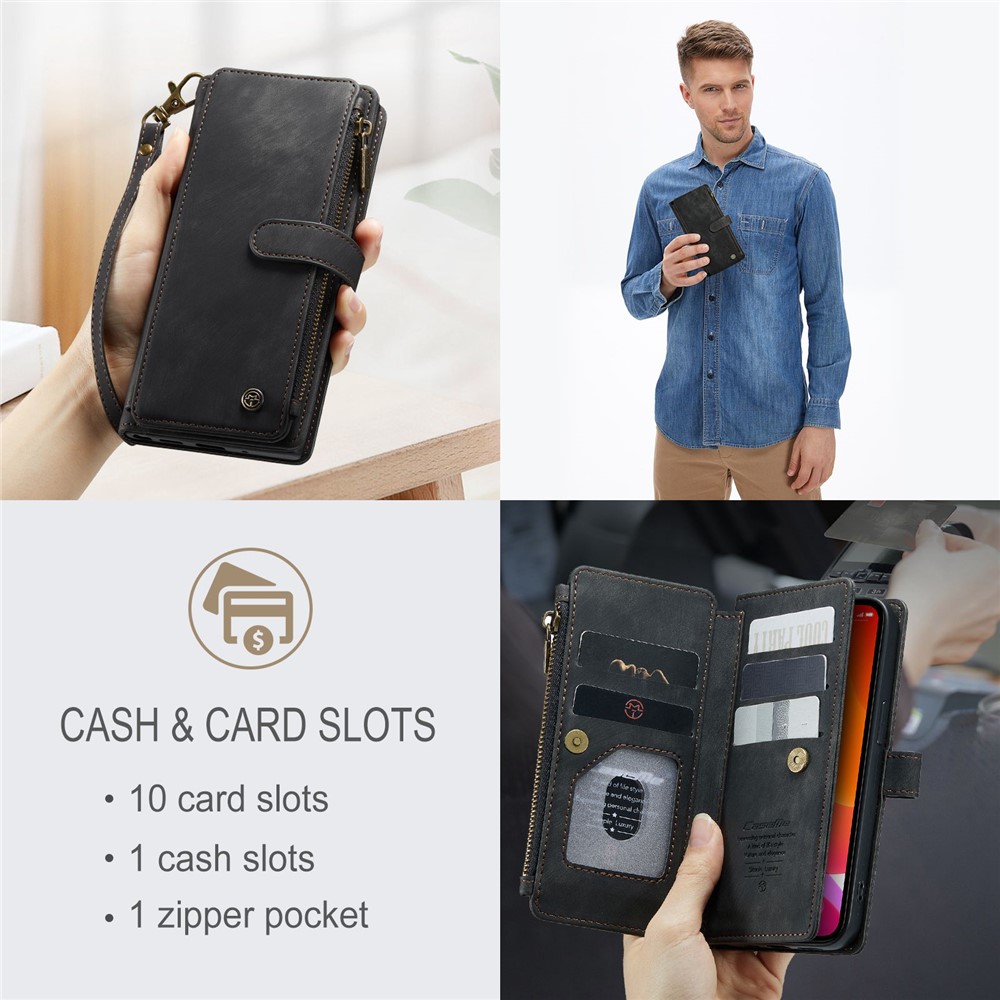 CASEME C30 Series for iPhone 12 / 12 Pro 6.1 inch Shockproof Zipper Pocket Wallet Cover PU Leather Stand Phone Case Multiple Card Slots - Black-10