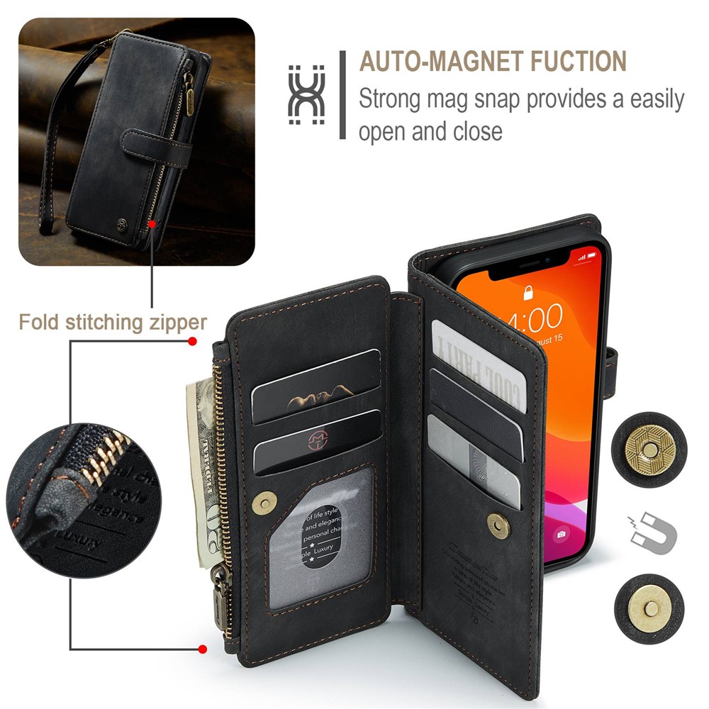 CASEME C30 Series for iPhone 12 / 12 Pro 6.1 inch Shockproof Zipper Pocket Wallet Cover PU Leather Stand Phone Case Multiple Card Slots - Black-11