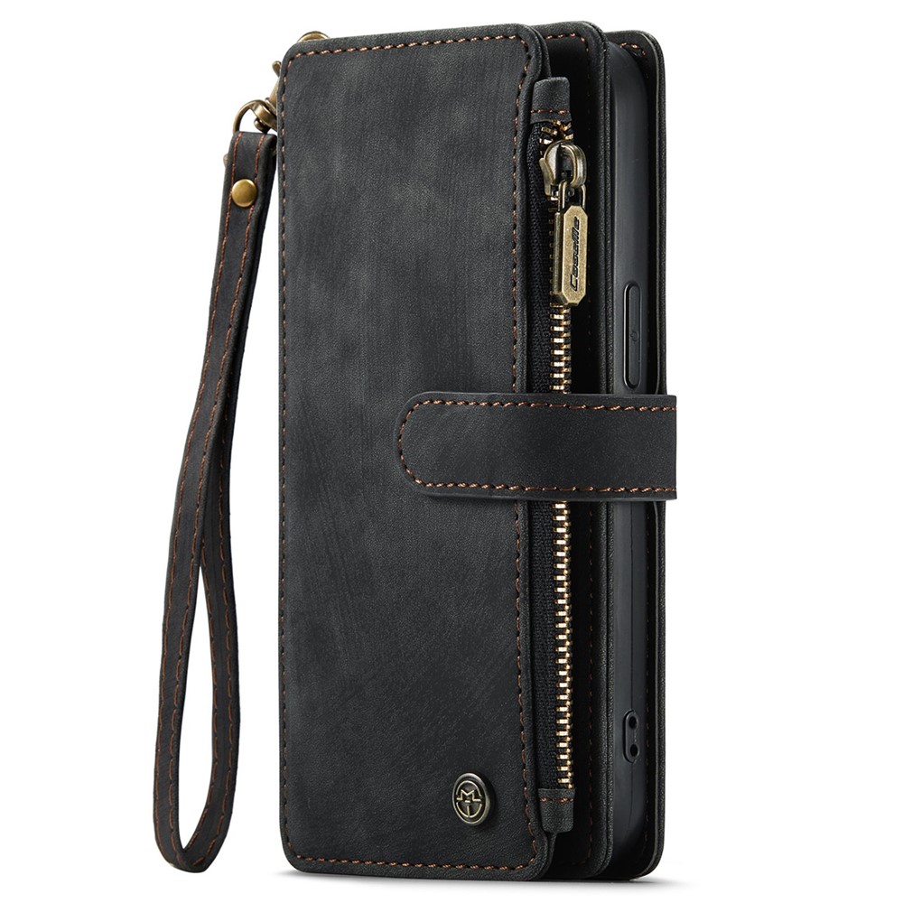 CASEME C30 Series for iPhone 12 / 12 Pro 6.1 inch Shockproof Zipper Pocket Wallet Cover PU Leather Stand Phone Case Multiple Card Slots - Black-12