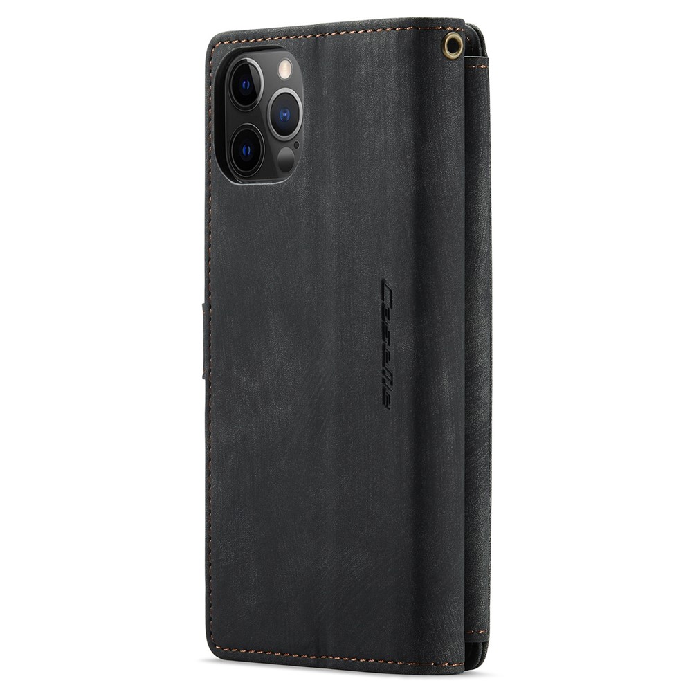 CASEME C30 Series for iPhone 12 / 12 Pro 6.1 inch Shockproof Zipper Pocket Wallet Cover PU Leather Stand Phone Case Multiple Card Slots - Black-13