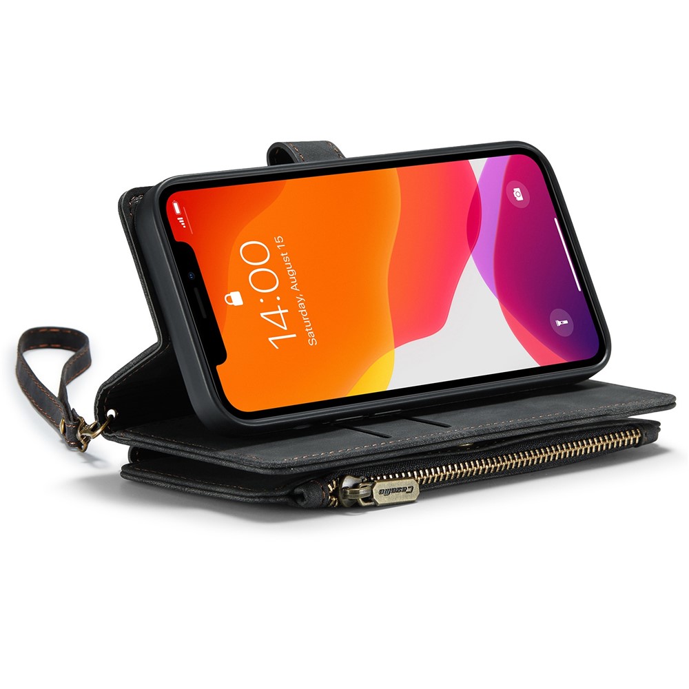 CASEME C30 Series for iPhone 12 / 12 Pro 6.1 inch Shockproof Zipper Pocket Wallet Cover PU Leather Stand Phone Case Multiple Card Slots - Black-2