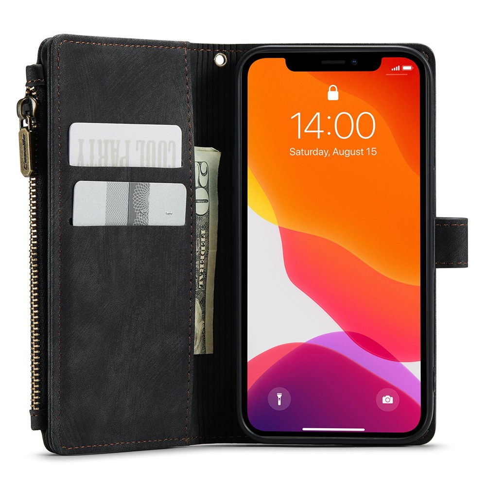 CASEME C30 Series for iPhone 12 / 12 Pro 6.1 inch Shockproof Zipper Pocket Wallet Cover PU Leather Stand Phone Case Multiple Card Slots - Black-4