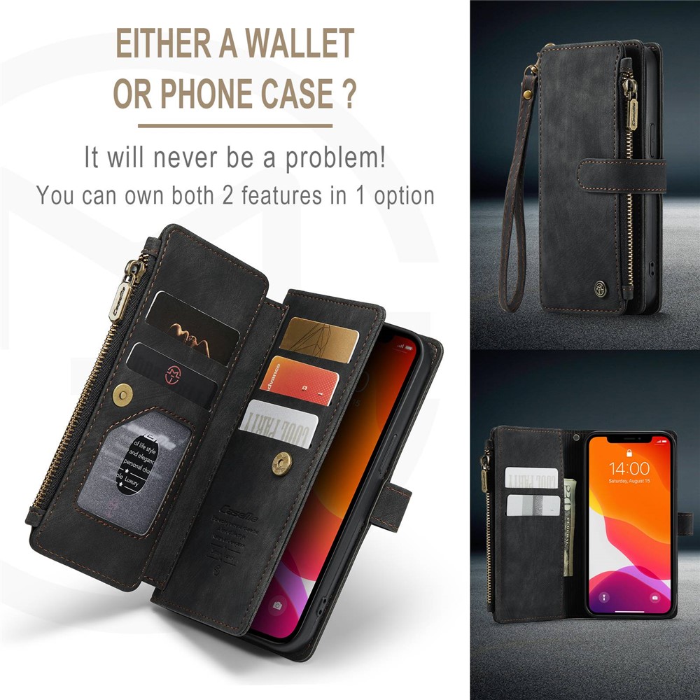 CASEME C30 Series for iPhone 12 / 12 Pro 6.1 inch Shockproof Zipper Pocket Wallet Cover PU Leather Stand Phone Case Multiple Card Slots - Black-6