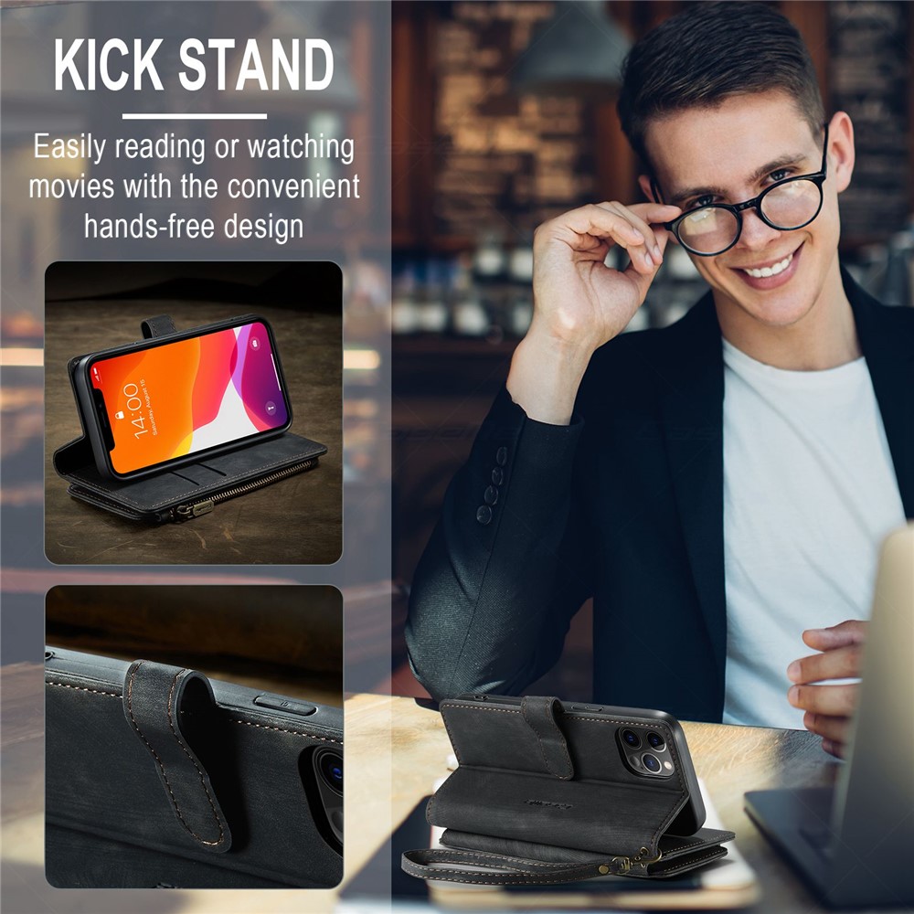 CASEME C30 Series for iPhone 12 / 12 Pro 6.1 inch Shockproof Zipper Pocket Wallet Cover PU Leather Stand Phone Case Multiple Card Slots - Black-7