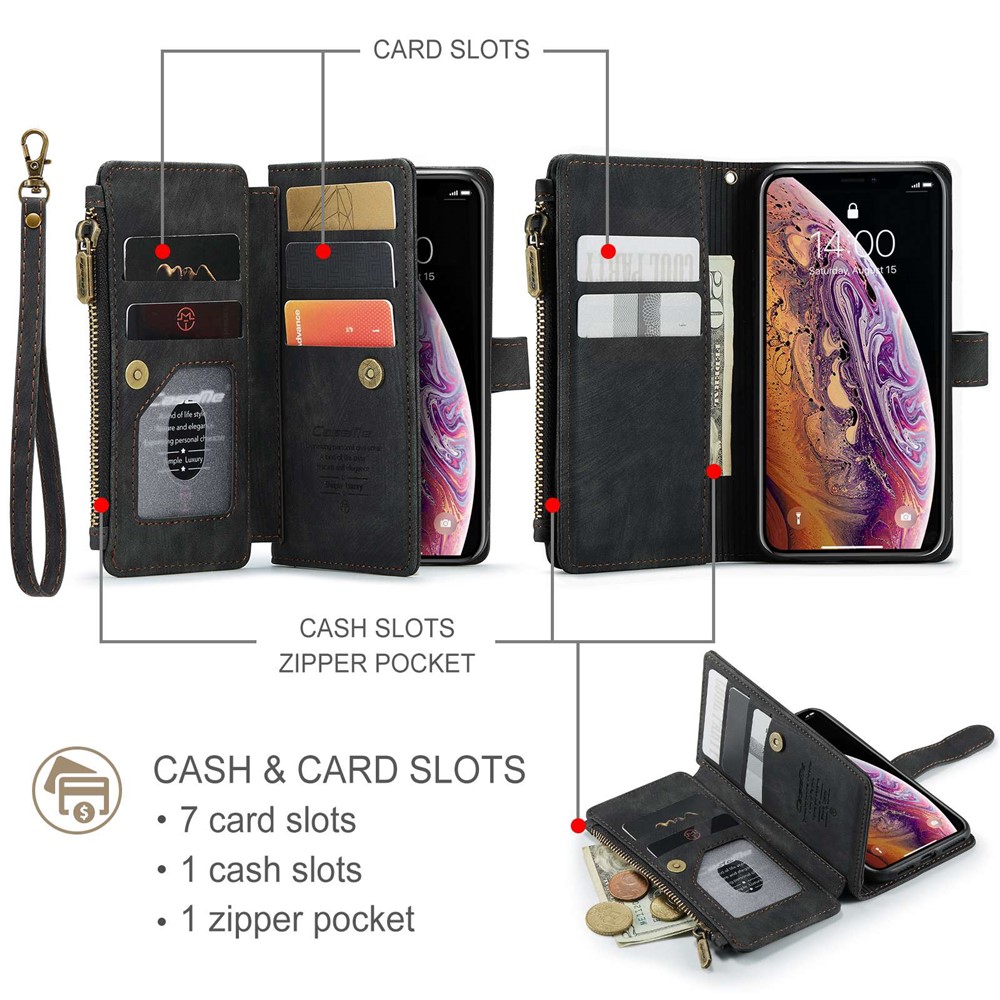 CASEME C30 Series for iPhone 12 / 12 Pro 6.1 inch Shockproof Zipper Pocket Wallet Cover PU Leather Stand Phone Case Multiple Card Slots - Black-8