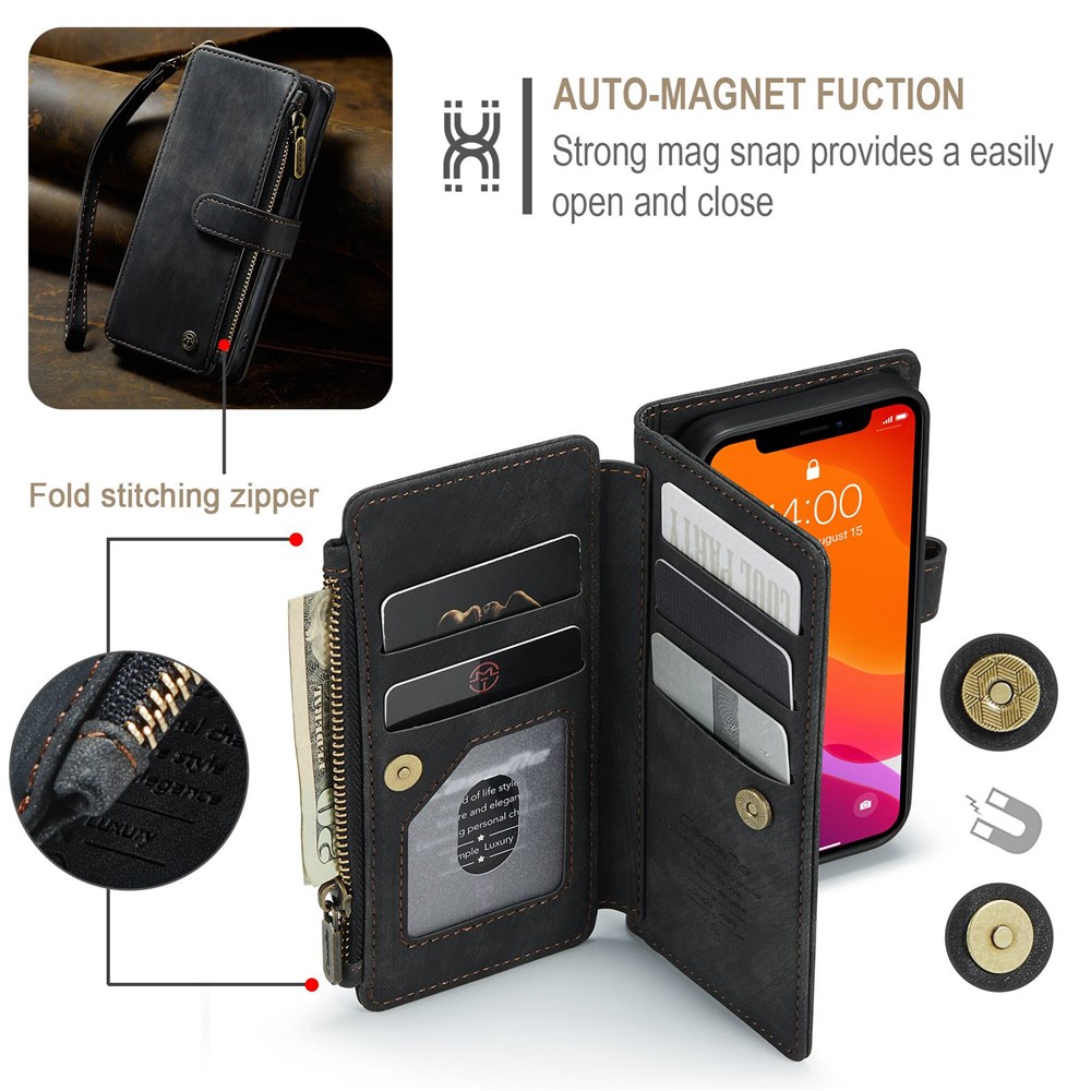 CASEME C30 Series for iPhone X / XS 5.8 inch Multifunctional Zipper Pocket Wallet Phone Cover Anti-fall PU Leather Stand Card Holder Case with Strap - Black-11