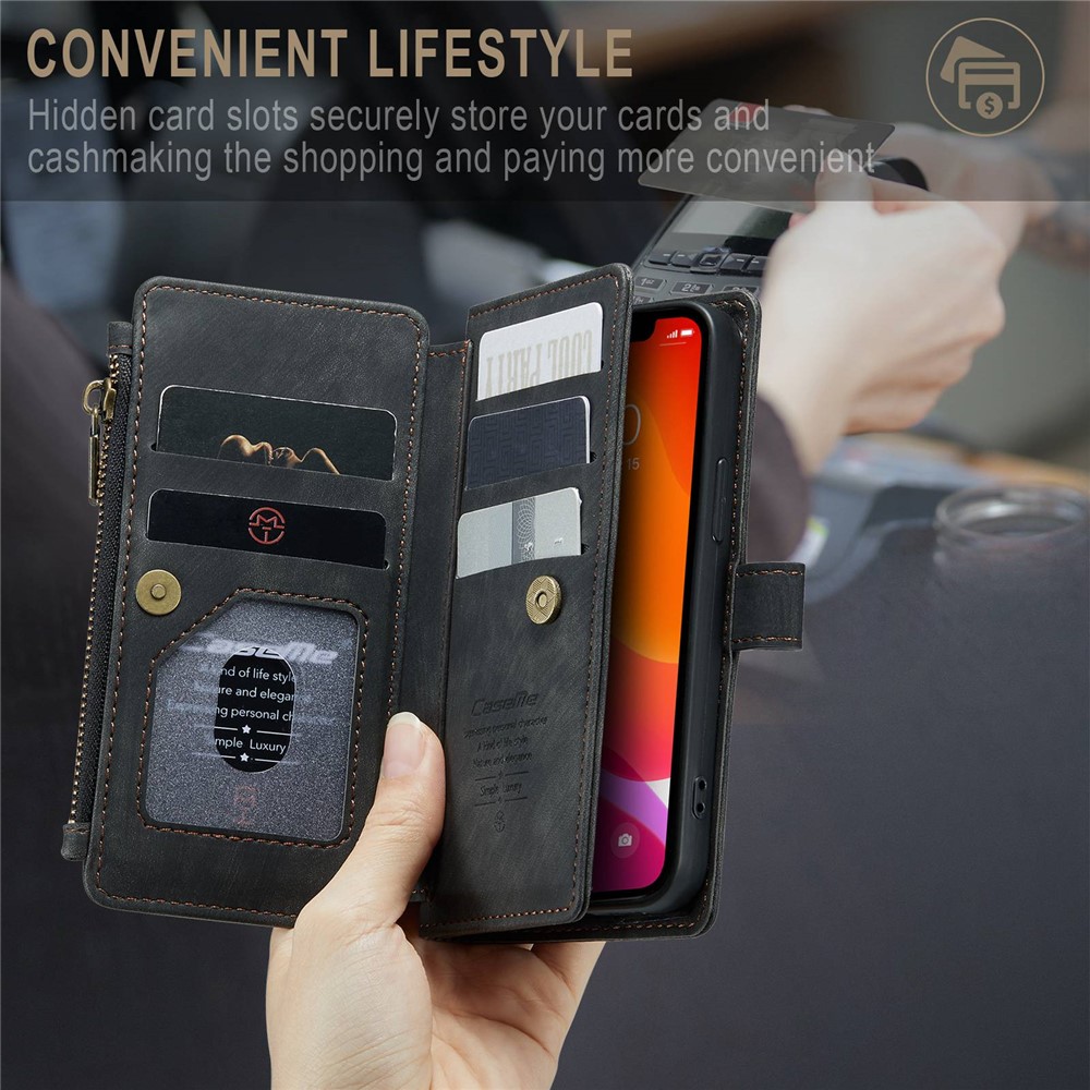 CASEME C30 Series for iPhone X / XS 5.8 inch Multifunctional Zipper Pocket Wallet Phone Cover Anti-fall PU Leather Stand Card Holder Case with Strap - Black-5