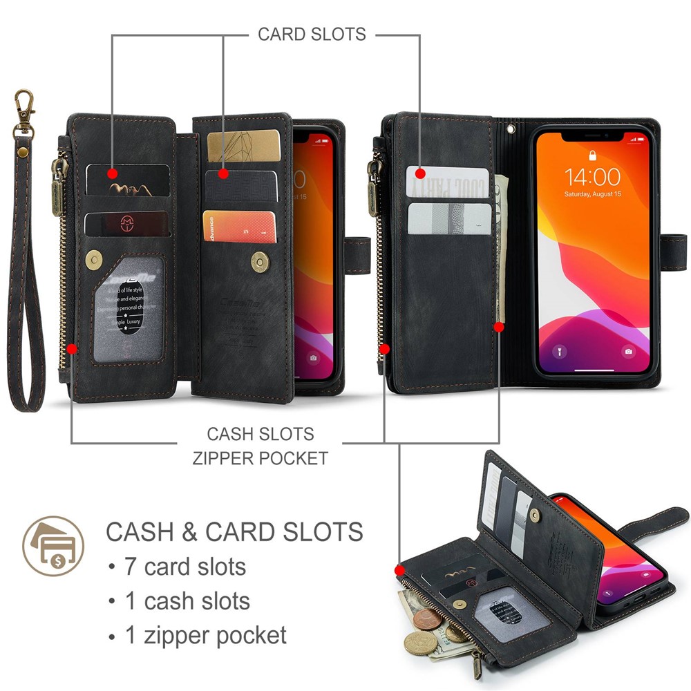 CASEME C30 Series for iPhone X / XS 5.8 inch Multifunctional Zipper Pocket Wallet Phone Cover Anti-fall PU Leather Stand Card Holder Case with Strap - Black-8