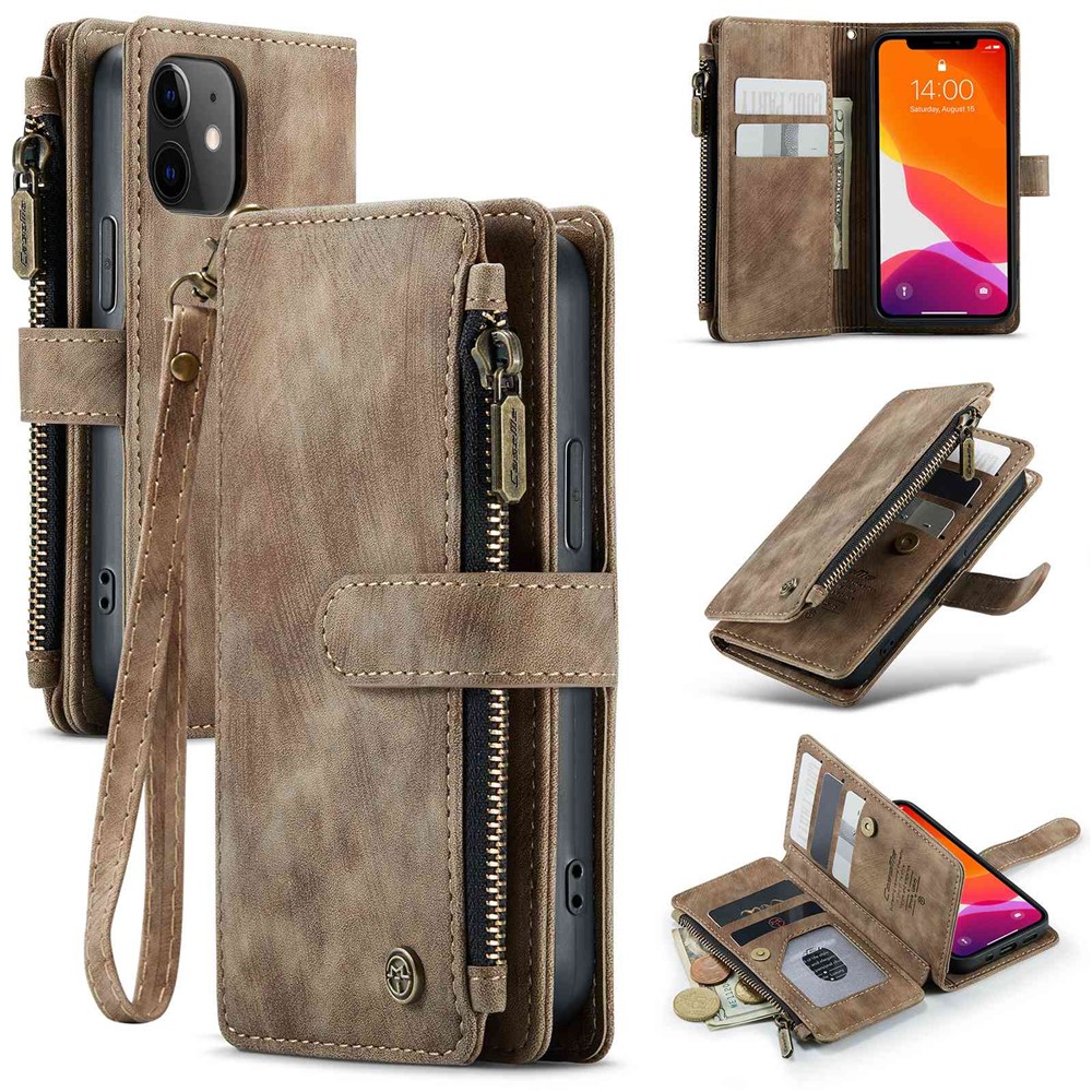 For iPhone 12 mini Phone Cases with Strap CASEME C30 Zipper Multiple Card Holder PU Leather Cover - Brown