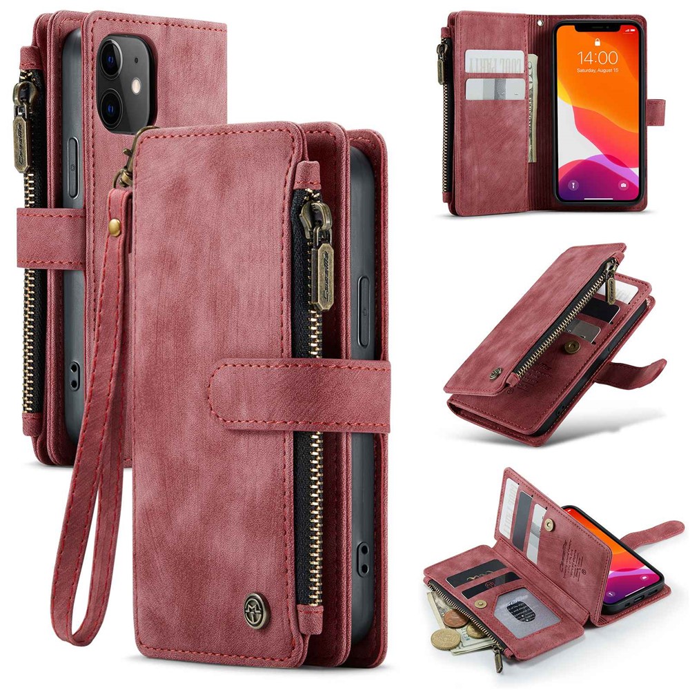 For iPhone 12 mini Phone Cases with Strap CASEME C30 Zipper Multiple Card Holder PU Leather Cover - Red